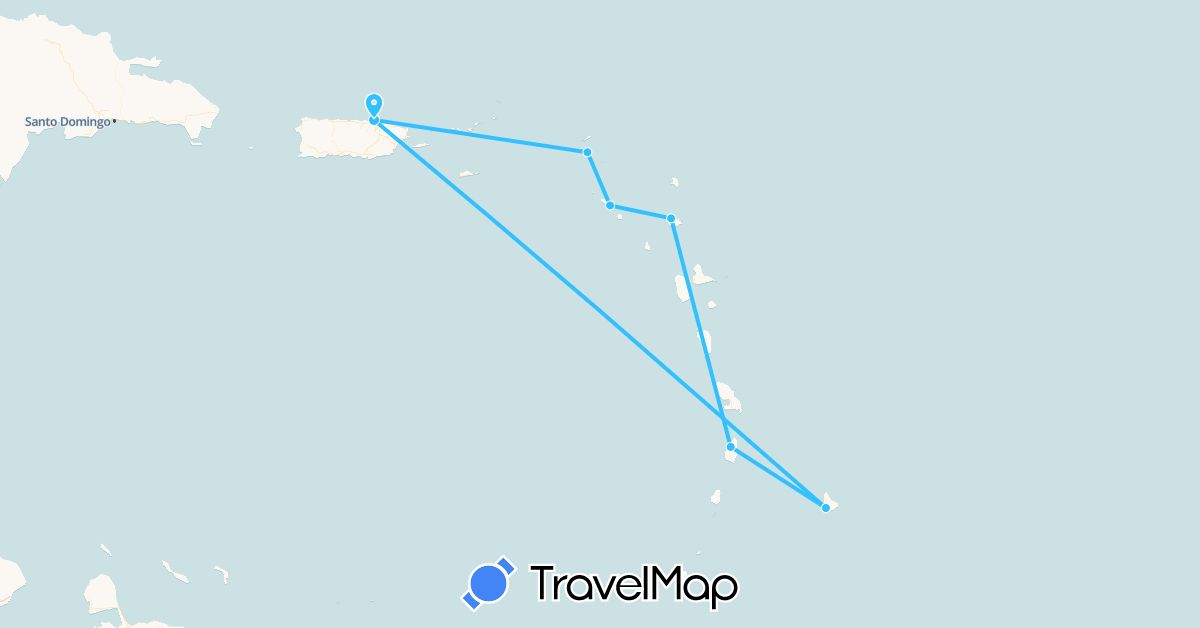 TravelMap itinerary: driving, boat in Antigua and Barbuda, Barbados, Saint Kitts and Nevis, Saint Lucia, Netherlands, United States (Europe, North America)